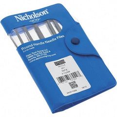 Nicholson - 12 Piece Swiss Pattern File Set - 4" Long, 0 Coarseness, Round Handle, Set Includes Barrette, Crossing, Equalling, Flat, Half Round, Knife, Round, Slitting, Square, Three Square - Americas Industrial Supply