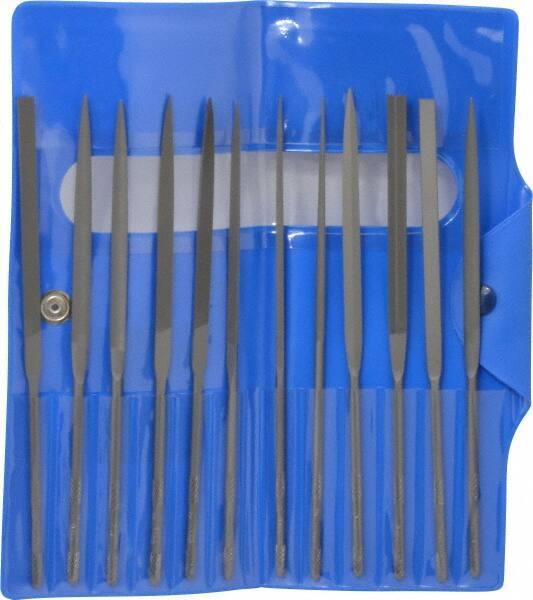 Nicholson - 12 Piece Swiss Pattern File Set - 5-1/2" Long, 2 Coarseness, Round Handle, Set Includes Barrette, Crossing, Equalling, Flat, Half Round, Knife, Round, Slitting, Square, Three Square - Americas Industrial Supply