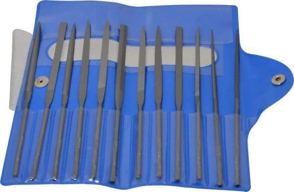 Nicholson - 12 Piece Swiss Pattern File Set - 5-1/2" Long, 4 Coarseness, Round Handle, Set Includes Barrette, Crossing, Equalling, Flat, Half Round, Knife, Round, Slitting, Square, Three Square - Americas Industrial Supply