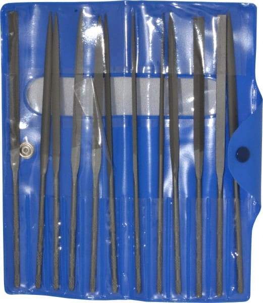 Nicholson - 12 Piece Swiss Pattern File Set - 6-1/4" Long, 0 Coarseness, Round Handle, Set Includes Barrette, Crossing, Equalling, Flat, Half Round, Knife, Round, Slitting, Square, Three Square - Americas Industrial Supply