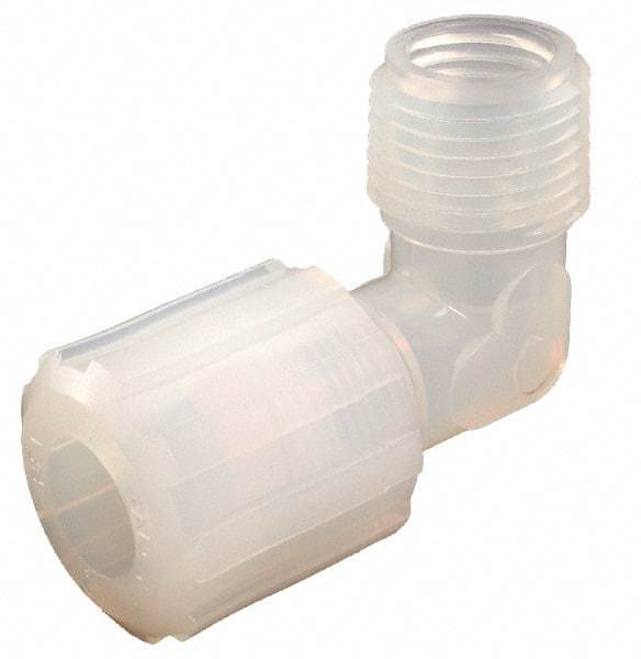 Parker - 1/8" Tube OD, PFA PTFE Plastic Compression Tube Male Adapter Elbow - 1/4 NPT Pipe, 325°F Max, Plastic Grip - Americas Industrial Supply