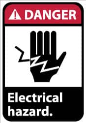 NMC - Accident Prevention Label, Header: DANGER - Legend: Danger - Electrical Hazard, English, Red, Black & White, 5" Long x 3" High, Sign Muscle Finish - Americas Industrial Supply