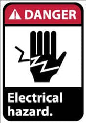 NMC - Accident Prevention Label, Header: DANGER - Legend: Danger - Electrical Hazard, English, Red, Black & White, 5" Long x 3" High, Sign Muscle Finish - Americas Industrial Supply