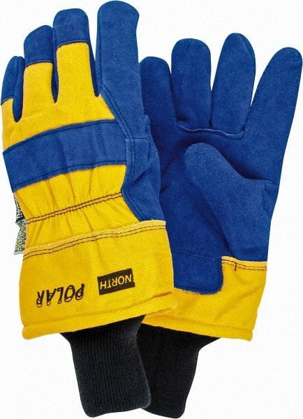 North - Size Universal (9) Split Cowhide Cold Protection Work Gloves - For General Purpose, Uncoated, Knit Wrist Cuff, Full Fingered, Blue/Yellow, Paired - Americas Industrial Supply