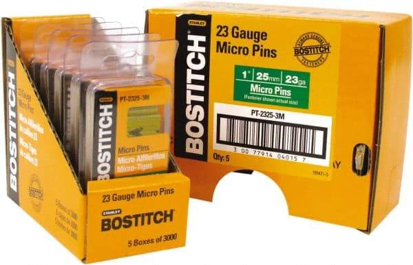 Stanley Bostitch - 23 Gauge 0.0281" Shank Diam 1" Long Pin Nails for Power Nailers - Steel, Bright Finish, Smooth Shank, Straight Stick Adhesive Collation, Round Head, Diamond Point - Americas Industrial Supply