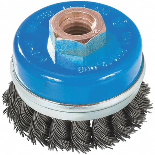 WALTER Surface Technologies - 5" Diam, 5/8-11 Threaded Arbor, Stainless Steel Fill Cup Brush - 0.02 Wire Diam, 8,600 Max RPM - Americas Industrial Supply