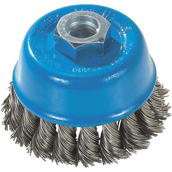 WALTER Surface Technologies - 3" Diam, 5/8-11 Threaded Arbor, Stainless Steel Fill Cup Brush - 0.015 Wire Diam, 12,000 Max RPM - Americas Industrial Supply