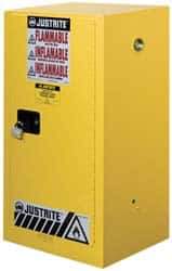Justrite - 1 Door, 1 Shelf, Yellow Steel Space Saver Safety Cabinet for Flammable and Combustible Liquids - 44" High x 23-1/4" Wide x 18" Deep, Manual Closing Door, 15 Gal Capacity - Americas Industrial Supply