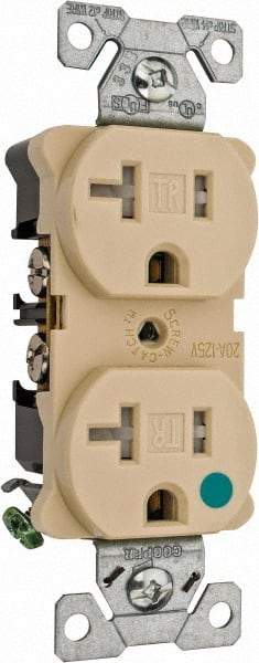 Cooper Wiring Devices - 125 VAC, 20 Amp, 5-20R NEMA Configuration, Ivory, Hospital Grade, Self Grounding Duplex Receptacle - 1 Phase, 2 Poles, 3 Wire, Flush Mount, Chemical, Impact and Tamper Resistant - Americas Industrial Supply