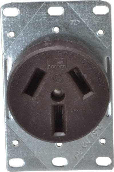 Cooper Wiring Devices - 125/250 VAC, 50 Amp, 10-50R NEMA Configuration, Brown, Specification Grade, Ungrounded Single Receptacle - 1 Phase, 3 Poles, 3 Wire, Flush Mount, Corrosion Resistant - Americas Industrial Supply