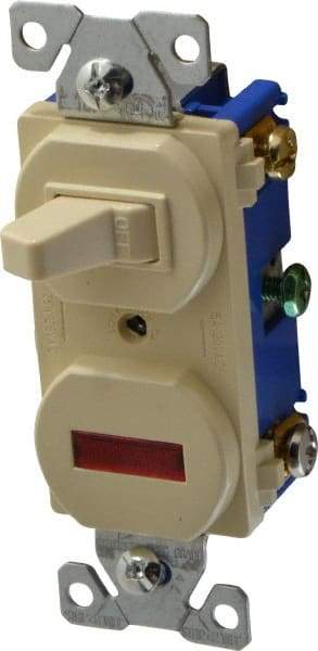 Cooper Wiring Devices - 2 Pole, 120 VAC, 15 Amp, Flush Mounted, Combination Switch with Pilot Light - 7-50 Configuration, 1 Switch, Back Side Wiring, cULus Listed, RoHS Compliant Standard - Americas Industrial Supply