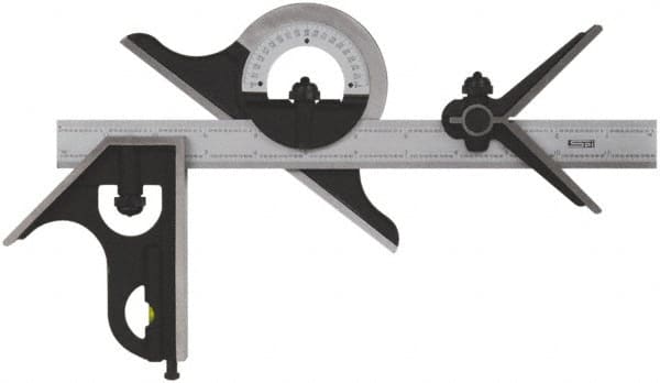 SPI - 4 Piece, 24" Combination Square Set - 1/100, 1/32, 1/50 & 1/64" (16R) Graduation, Hardened Steel Blade, Cast Iron Center, Protractor & Square Head - Americas Industrial Supply