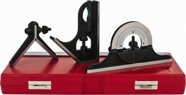 SPI - 4 Piece, 12" Combination Square Set - 1/16, 1/32, 1/64 & 1/8" (4R) Graduation, Hardened Steel Blade, Cast Iron Center, Protractor & Square Head - Americas Industrial Supply