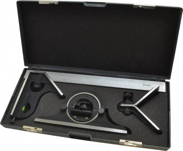 SPI - 4 Piece, 12" Combination Square Set - 1/32 & 1/64" (English/Metric) Graduation, Hardened Steel Blade, Cast Iron Center, Protractor & Square Head - Americas Industrial Supply