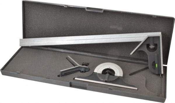 SPI - 4 Piece, 18" Combination Square Set - 1/100, 1/32, 1/50 & 1/64" (16R) Graduation, Hardened Steel Blade, Cast Iron Center, Protractor & Square Head - Americas Industrial Supply