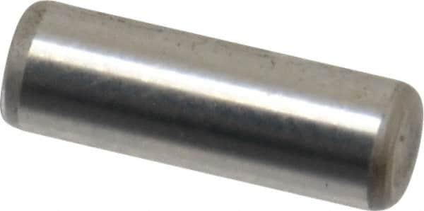 Made in USA - 1/8" Diam x 3/8" Pin Length Grade 8 Alloy Steel Standard Dowel Pin - Bright Finish, C 47-58 & C 60 (Surface) Hardness, 1,840 Lb (Single Shear), 3,680 Lb (Double Shear) Breaking Strength, 1 Beveled & 1 Rounded End - Americas Industrial Supply