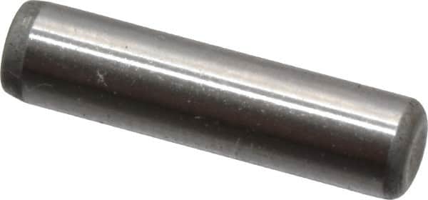 Made in USA - 1/8" Diam x 1/2" Pin Length Grade 8 Alloy Steel Standard Dowel Pin - Bright Finish, C 47-58 & C 60 (Surface) Hardness, 1,840 Lb (Single Shear), 3,680 Lb (Double Shear) Breaking Strength, 1 Beveled & 1 Rounded End - Americas Industrial Supply