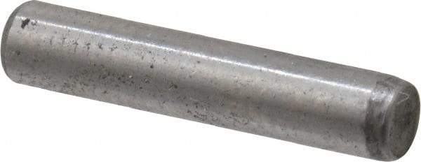 Made in USA - 1/8" Diam x 5/8" Pin Length Grade 8 Alloy Steel Standard Dowel Pin - Bright Finish, C 47-58 & C 60 (Surface) Hardness, 1,840 Lb (Single Shear), 3,680 Lb (Double Shear) Breaking Strength, 1 Beveled & 1 Rounded End - Americas Industrial Supply