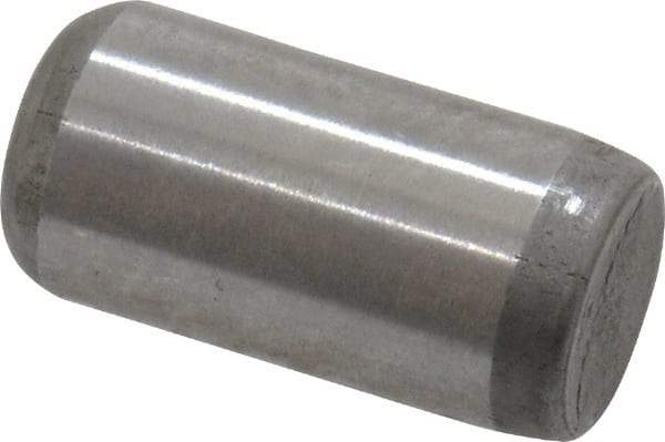 Made in USA - 1/4" Diam x 1/2" Pin Length Grade 8 Alloy Steel Standard Dowel Pin - Bright Finish, C 47-58 & C 60 (Surface) Hardness, 14,720 Lb (Double Shear), 7,360 Lb (Single Shear) Breaking Strength, 1 Beveled & 1 Rounded End - Americas Industrial Supply