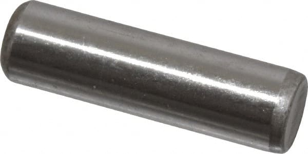 Made in USA - 1/4" Diam x 7/8" Pin Length Grade 8 Alloy Steel Standard Dowel Pin - Bright Finish, C 47-58 & C 60 (Surface) Hardness, 14,720 Lb (Double Shear), 7,360 Lb (Single Shear) Breaking Strength, 1 Beveled & 1 Rounded End - Americas Industrial Supply