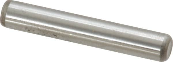 Made in USA - 1/4" Diam x 1-1/2" Pin Length Grade 8 Alloy Steel Standard Dowel Pin - Bright Finish, C 47-58 & C 60 (Surface) Hardness, 14,720 Lb (Double Shear), 7,360 Lb (Single Shear) Breaking Strength, 1 Beveled & 1 Rounded End - Americas Industrial Supply