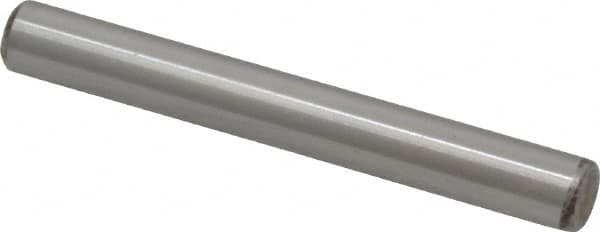 Made in USA - 1/4" Diam x 2" Pin Length Grade 8 Alloy Steel Standard Dowel Pin - Bright Finish, C 47-58 & C 60 (Surface) Hardness, 14,720 Lb (Double Shear), 7,360 Lb (Single Shear) Breaking Strength, 1 Beveled & 1 Rounded End - Americas Industrial Supply