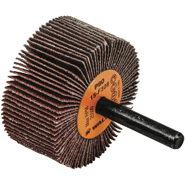 WALTER Surface Technologies - 2" Diam x 1" Face Width, Medium Aluminum Oxide Coated Mounted Flap Wheel - 1/4" Shank Mount, 80 Grit, Cloth Backing, 25,000 Max RPM - Americas Industrial Supply