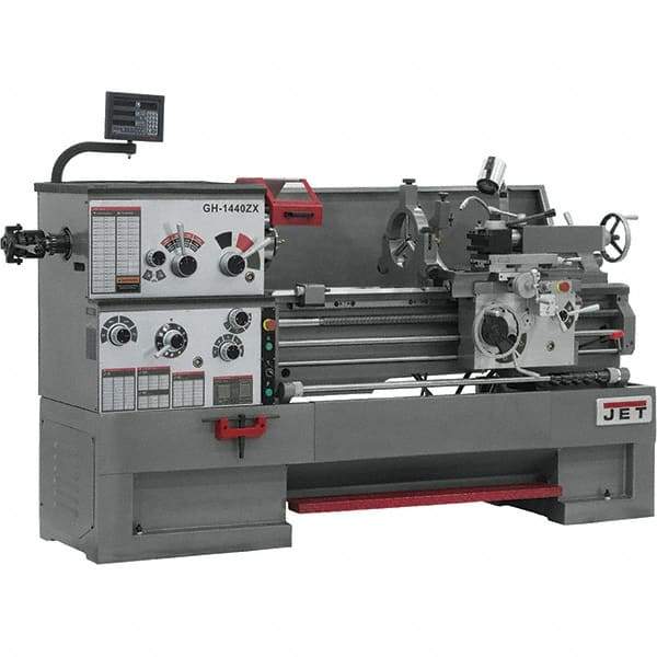 Jet - 14" Swing, 40" Between Centers, 230 Volt, Triple Phase Engine Lathe - 7MT Taper, 7-1/2 hp, 42 to 1,800 RPM, 3-1/8" Bore Diam, 40" Deep x 46-7/8" High x 97-1/2" Long - Americas Industrial Supply