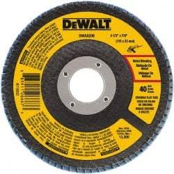 DeWALT - 40 Grit, 4-1/2" Disc Diam, 7/8" Center Hole, Type 29 Zirconia Alumina Flap Disc - 13,300 Max RPM, Poly Cotton Backing, Arbor Attaching System, Coated - Americas Industrial Supply
