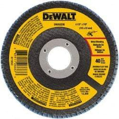 DeWALT - 40 Grit, 4-1/2" Disc Diam, 7/8" Center Hole, Type 29 Zirconia Alumina Flap Disc - 13,300 Max RPM, Poly Cotton Backing, Arbor Attaching System, Coated - Americas Industrial Supply