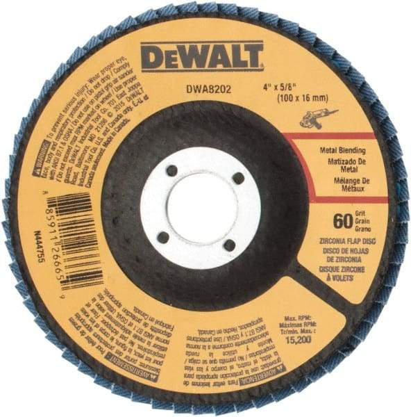 DeWALT - 60 Grit, 4" Disc Diam, 5/8" Center Hole, Type 29 Zirconia Alumina Flap Disc - 15,200 Max RPM, Poly Cotton Backing, Arbor Attaching System, Coated - Americas Industrial Supply