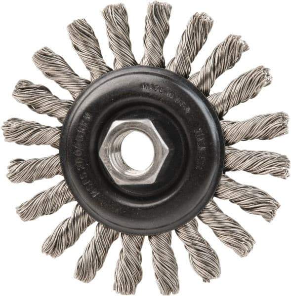DeWALT - 4" OD, 5/8-11 Arbor Hole, Knotted Stainless Steel Wheel Brush - 3/8" Face Width, 7/8" Trim Length, 0.02" Filament Diam, 20,000 RPM - Americas Industrial Supply