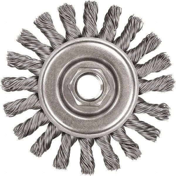 DeWALT - 4" OD, 5/8-11 Arbor Hole, Knotted Steel Wheel Brush - 3/8" Face Width, 7/8" Trim Length, 0.02" Filament Diam, 20,000 RPM - Americas Industrial Supply