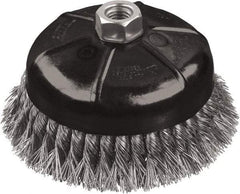 DeWALT - 4" Diam, 5/8-11 Threaded Arbor, Stainless Steel Fill Cup Brush - 0.02 Wire Diam, 1-1/8" Trim Length, 9,000 Max RPM - Americas Industrial Supply