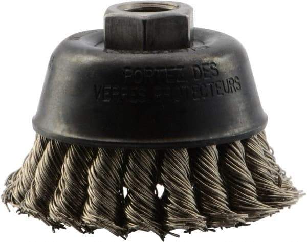 DeWALT - 3" Diam, 5/8-11 Threaded Arbor, Stainless Steel Fill Cup Brush - 0.02 Wire Diam, 7/8" Trim Length, 14,000 Max RPM - Americas Industrial Supply