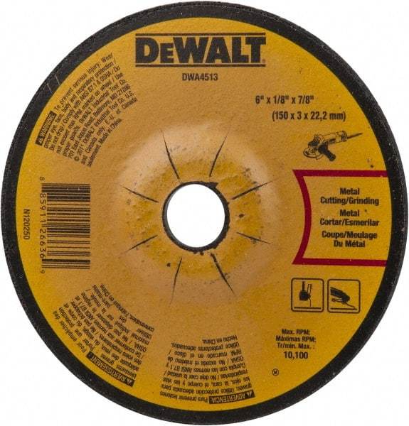 DeWALT - 24 Grit, 6" Wheel Diam, 1/8" Wheel Thickness, 7/8" Arbor Hole, Type 27 Depressed Center Wheel - Aluminum Oxide, Diamond Matrix Bond, 10,100 Max RPM, Compatible with Angle Grinder - Americas Industrial Supply