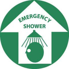 NMC - Emergency Shower, Anti-Skid Pressure-Sensitive Vinyl Floor Sign - Round, Green on White, Adhesive Backed, For First Aid - Americas Industrial Supply