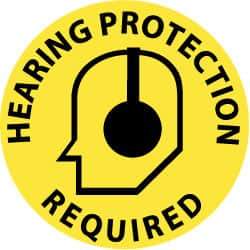 NMC - Hearing Protection Required, Anti-Skid Pressure-Sensitive Vinyl Floor Sign - Round, Black on Yellow, Adhesive Backed, For Accident Prevention - Americas Industrial Supply