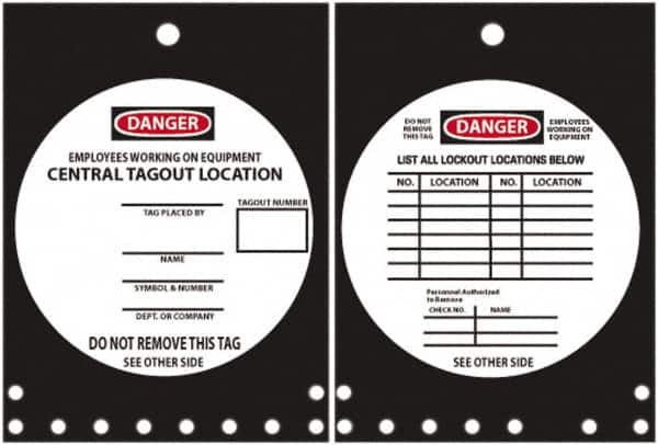 NMC - 10" High x 14" Long, DANGER - EMPLOYEES WORKING ON EQUIPMENT CENTRAL TAGOUT LOCATION, English Safety & Facility Lockout Tag - Tag Header: Danger, 2 Sides, Black, Red & White Rigid Plastic - Americas Industrial Supply