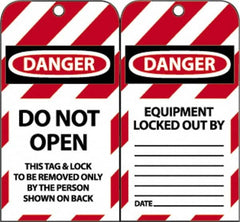 NMC - 3" High x 6" Long, DANGER - DO NOT OPEN - THIS TAG & LOCK TO BE REMOVED ONLY BY THE PERSON SHOWN ON BACK, English Safety & Facility Lockout Tag - Tag Header: Danger, 2 Sides, Black, Red & White Unrippable Vinyl - Americas Industrial Supply