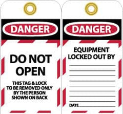 NMC - 3" High x 6" Long, DANGER - DO NOT OPEN - THIS TAG & LOCK TO BE REMOVED ONLY BY THE PERSON SHOWN ON BACK, English Safety & Facility Lockout Tag - Tag Header: Danger, 2 Sides, Black, Red & White Unrippable Vinyl - Americas Industrial Supply