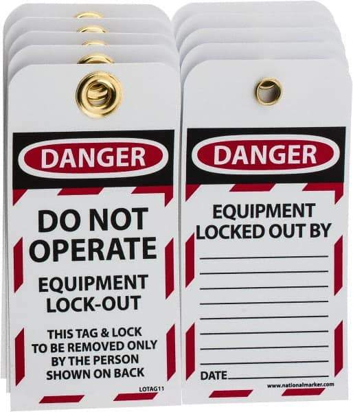 NMC - 3" High x 6" Long, DANGER - DO NOT OPERATE - EQUIPMENT LOCK-OUT - THIS TAG & LOCK TO BE REMOVED ONLY BY THE PERSON SHOWN ON BACK, English Safety & Facility Lockout Tag - Tag Header: Danger, 2 Sides, Black, Red & White Unrippable Vinyl - Americas Industrial Supply