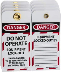 NMC - 3" High x 6" Long, DANGER - DO NOT OPERATE - EQUIPMENT LOCK-OUT - THIS TAG & LOCK TO BE REMOVED ONLY BY THE PERSON SHOWN ON BACK, English Safety & Facility Lockout Tag - Tag Header: Danger, 2 Sides, Black, Red & White Unrippable Vinyl - Americas Industrial Supply