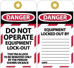 NMC - 3" High x 6" Long, DANGER - DO NOT OPERATE - EQUIPMENT LOCK-OUT - THIS TAG & LOCK TO BE REMOVED ONLY BY THE PERSON SHOWN ON BACK, English Safety & Facility Lockout Tag - Tag Header: Danger, 2 Sides, Black, Red & White Unrippable Vinyl - Americas Industrial Supply