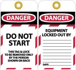 NMC - 3" High x 6" Long, DANGER - DO NOT START - THIS TAG & LOCK TO BE REMOVED ONLY BY THE PERSON SHOWN ON BACK, English Safety & Facility Lockout Tag - Tag Header: Danger, 2 Sides, Black, Red & White Unrippable Vinyl - Americas Industrial Supply