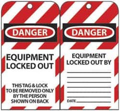 NMC - 3" High x 6" Long, DANGER - EQUIPMENT LOCKED OUT - THIS TAG & LOCK TO BE REMOVED ONLY BY THE PERSON SHOWN ON BACK, English Safety & Facility Lockout Tag - Tag Header: Danger, 2 Sides, Black, Red & White Unrippable Vinyl - Americas Industrial Supply
