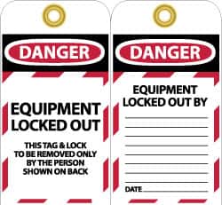 NMC - 3" High x 6" Long, DANGER - EQUIPMENT LOCKED OUT - THIS TAG & LOCK TO BE REMOVED ONLY BY THE PERSON SHOWN ON BACK, English Safety & Facility Lockout Tag - Tag Header: Danger, 2 Sides, Black, Red & White Unrippable Vinyl - Americas Industrial Supply