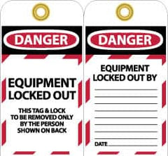 NMC - 3" High x 6" Long, DANGER - EQUIPMENT LOCKED OUT - THIS TAG & LOCK TO BE REMOVED ONLY BY THE PERSON SHOWN ON BACK, English Safety & Facility Lockout Tag - Tag Header: Danger, 2 Sides, Black, Red & White Unrippable Vinyl - Americas Industrial Supply