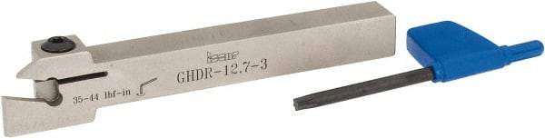 Iscar - External Thread, 0.33" Max Depth of Cut, 0.11" Min Groove Width, 4-1/2" OAL, Right Hand Indexable Grooving Cutoff Toolholder - 1/2" Shank Height x 1/2" Shank Width, GI.., GPV.., TIP.. Insert Style, GHD Toolholder Style, Series Cut Grip - Americas Industrial Supply
