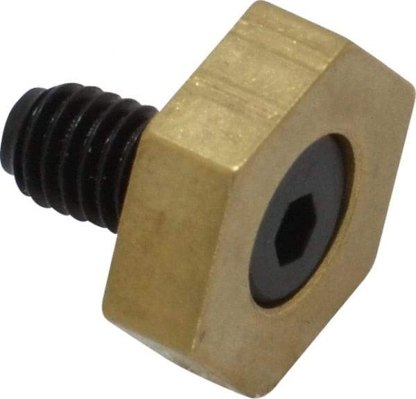 Mitee-Bite - 1/2" Brass Hex, 10-32 Stud Thread, Symmetrical Hex Clamp - 0.16" Hex Height, 350 Lb Holding Force, Hardened Steel Stud, 11/32" Long Thread, 2.5 Ft/Lb Torque, 10 Clamps - Americas Industrial Supply